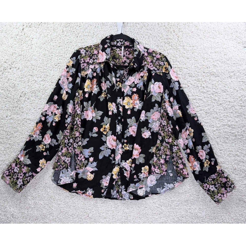 Free People Hold On To Me Black Floral Print Blouse Medium Oversized Top - Picture 2 of 16